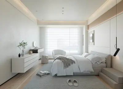 Minimalist Modern Bedroom With Integrated Storage And Soft Lighting 3d model