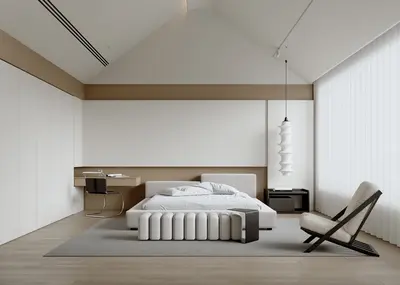Minimalist Bedroom with Geometric Bed and Pendant Light 3d model