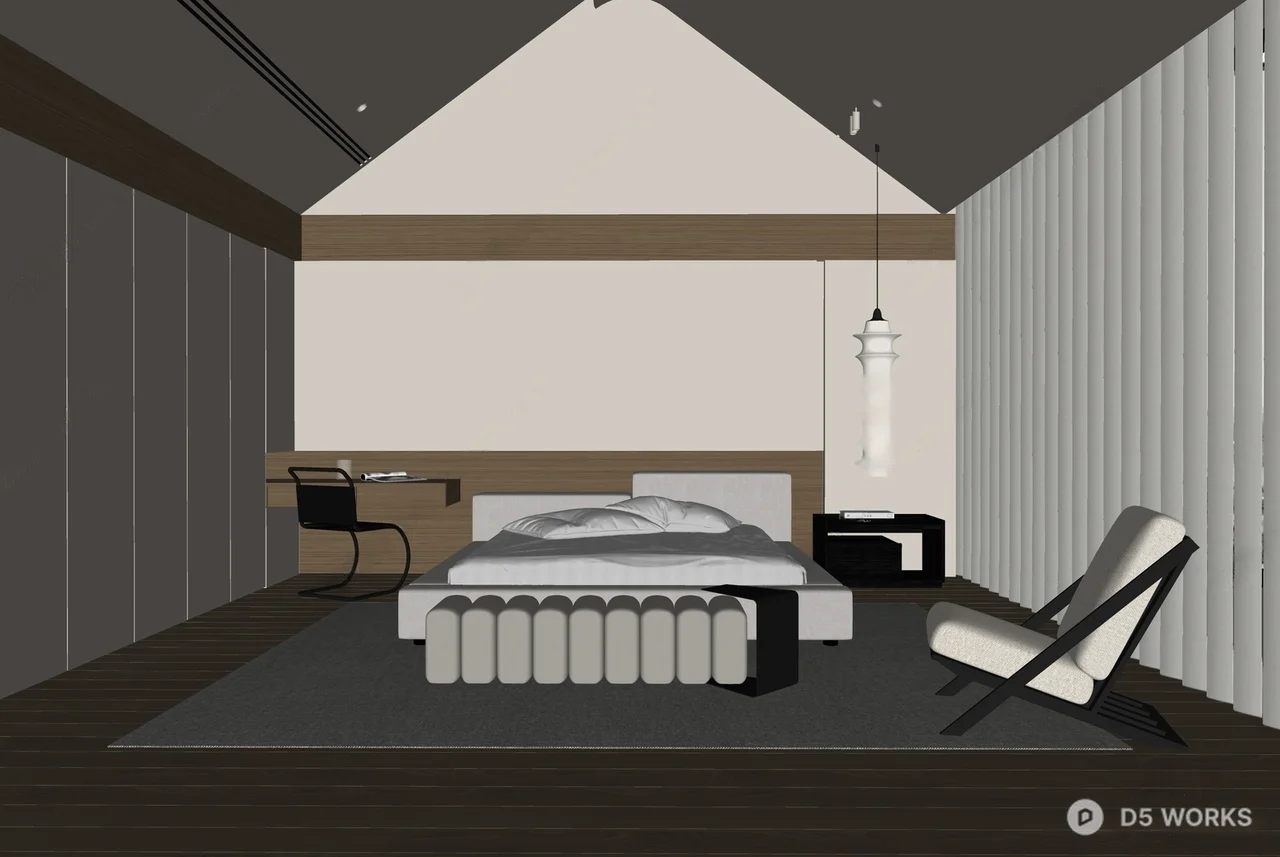 Minimalist Bedroom with Geometric Bed and Pendant Light 3d model thumbnail 2