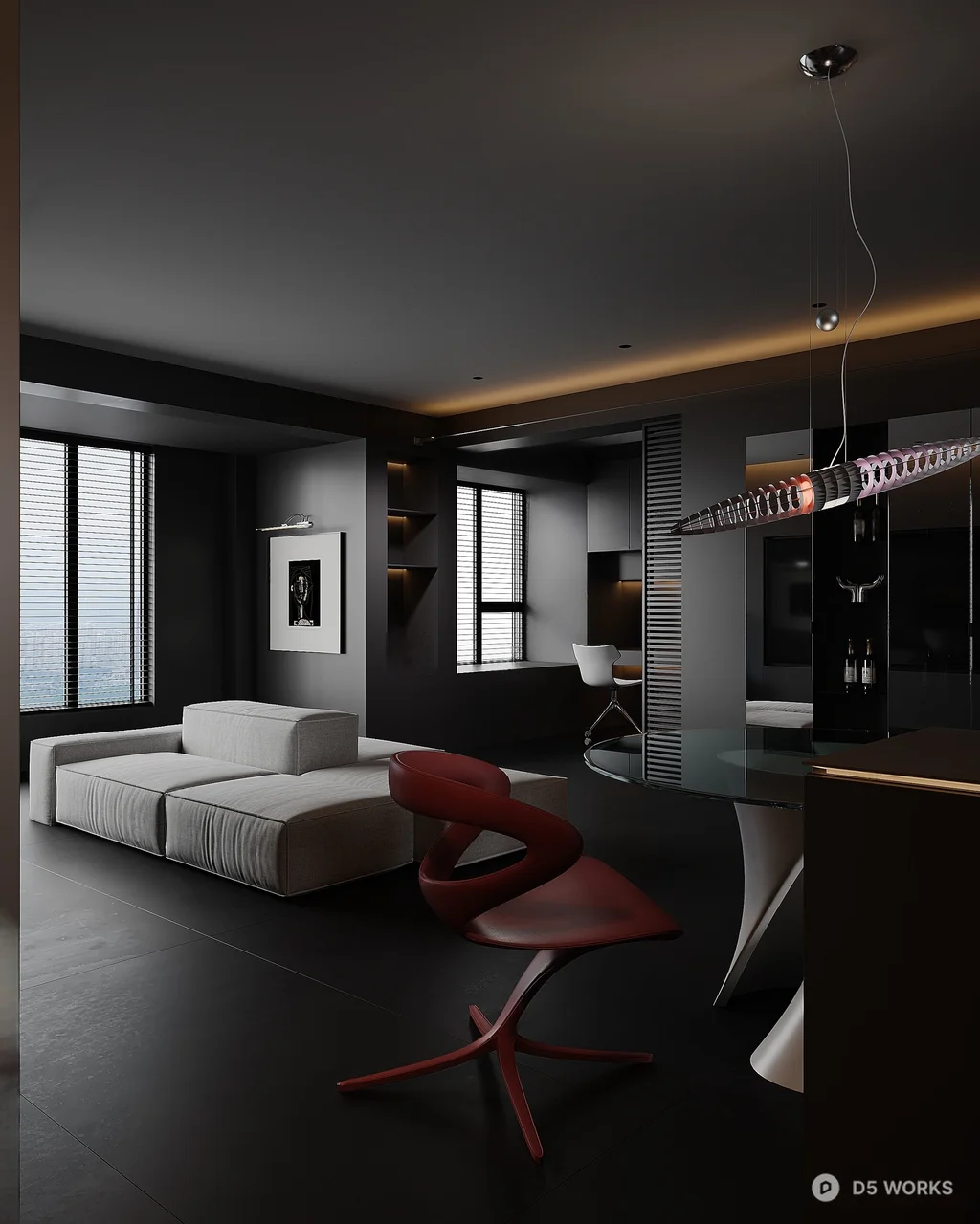 Modern Minimalist Dining And Living Space 3d model thumbnail 3