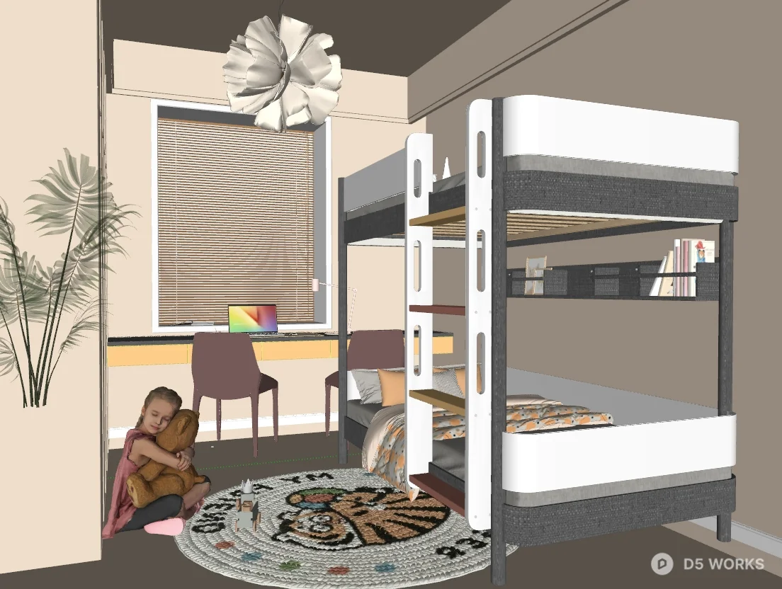 Modern Girl's Bedroom with Bunk Bed and Playful Rug 3d model thumbnail 2