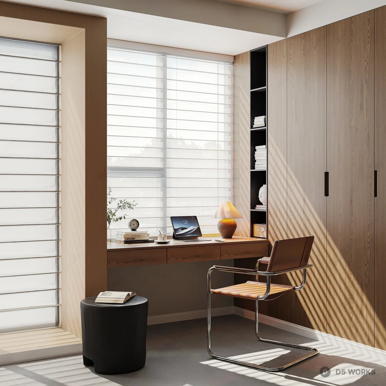 Minimalist Home Study With Built-In Desk And Wooden Cabinet 3d model - Image 1