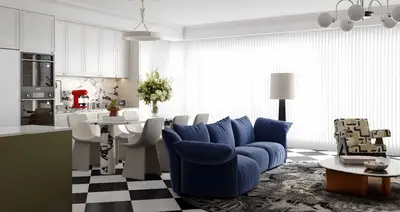 Modern Minimalist Living Dining Space With Checkerboard Floor 3d model