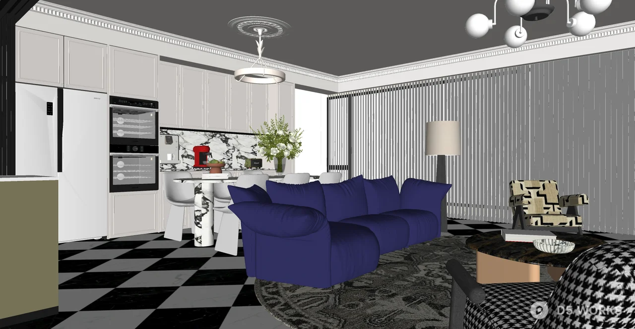 Modern Minimalist Living Dining Space With Checkerboard Floor 3d model thumbnail 2