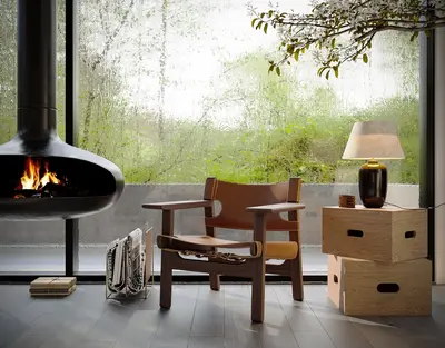 Modern Minimalist Living Room with Fireplace and Wood Chair 3d model