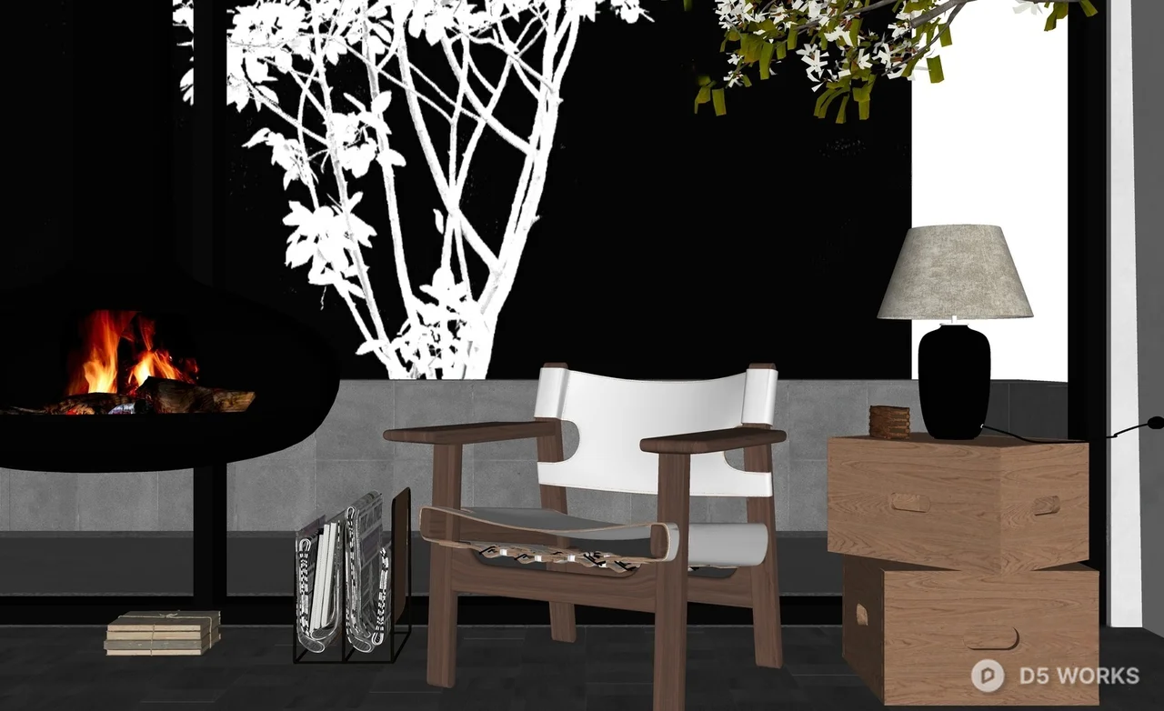 Modern Minimalist Living Room with Fireplace and Wood Chair 3d model thumbnail 2