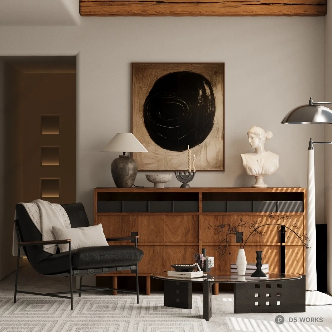 Minimalist Living Room with Artistic Accent Wall 3d model - Image 1