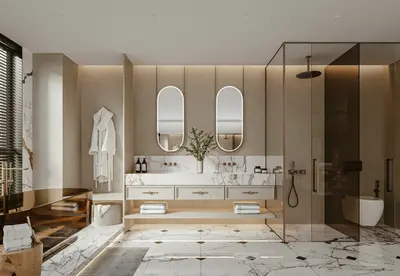Modern Minimalist Bathroom With Marble Flooring And Double Vanity 3d model