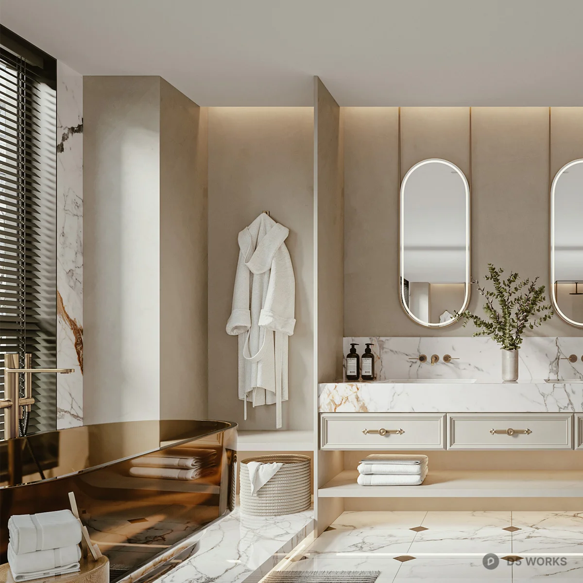 Modern Minimalist Bathroom With Marble Flooring And Double Vanity 3d model thumbnail 2