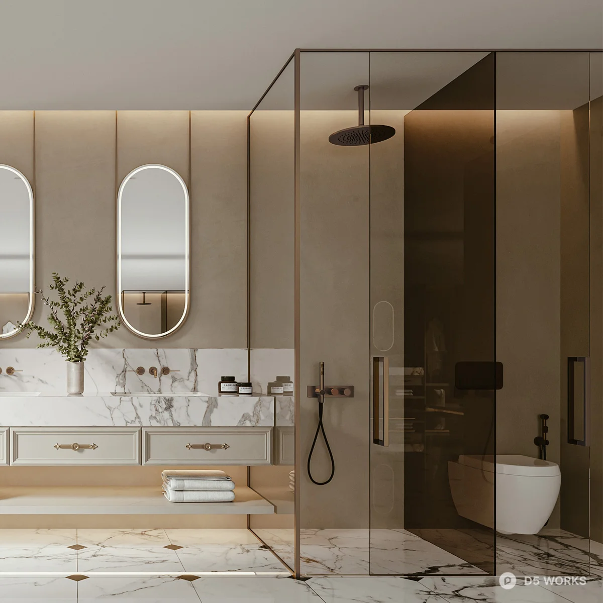 Modern Minimalist Bathroom With Marble Flooring And Double Vanity 3d model thumbnail 3