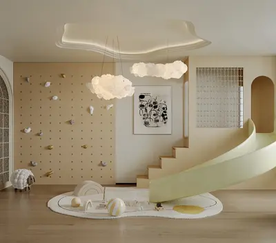Minimalist Playful Children's Room With Slide And Cloud Lighting 3d model