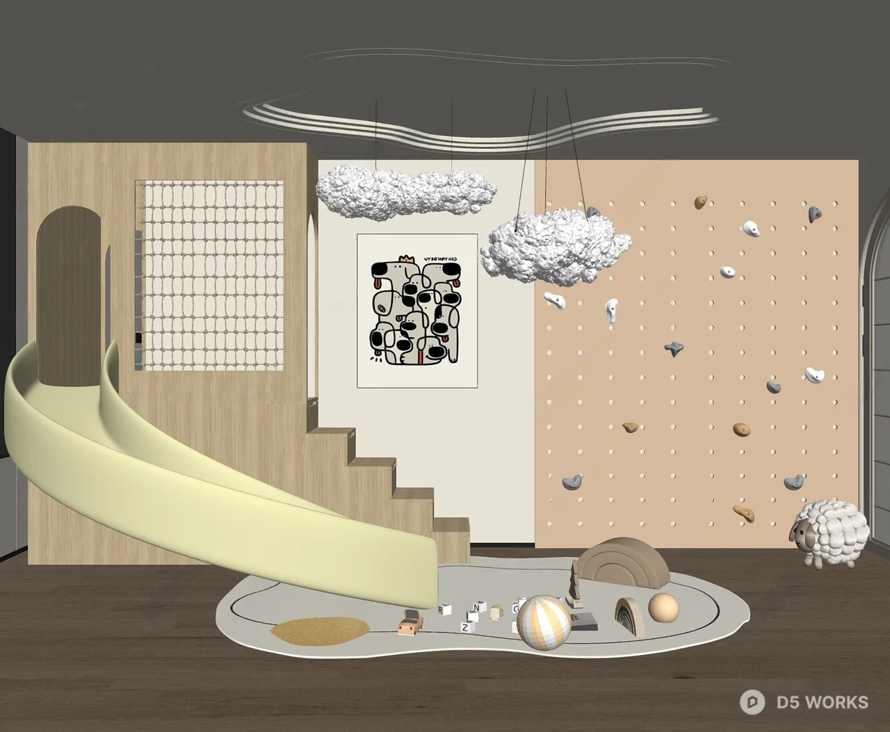 Minimalist Playful Children's Room With Slide And Cloud Lighting 3d model thumbnail 2