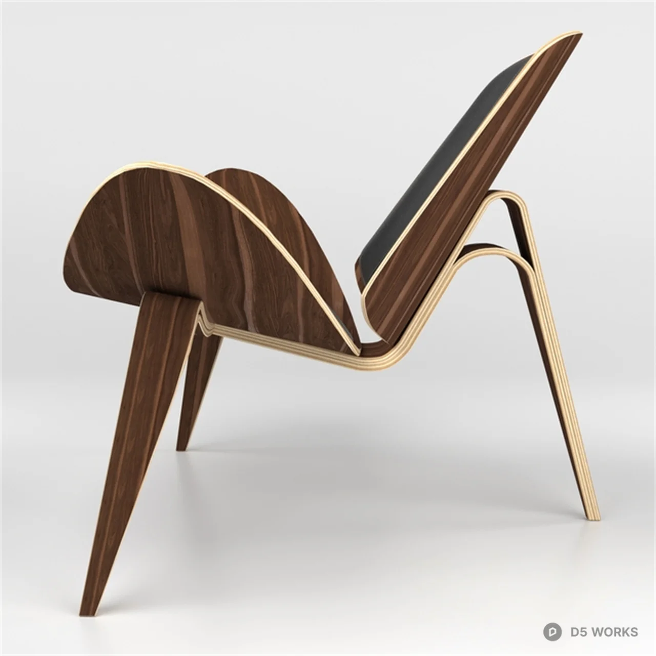 Wooden Shell Lounge Chair With Black Upholstery 3d model thumbnail 2
