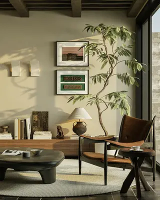 Minimalist Living Room with Wooden Chair and Potted Tree 3d model