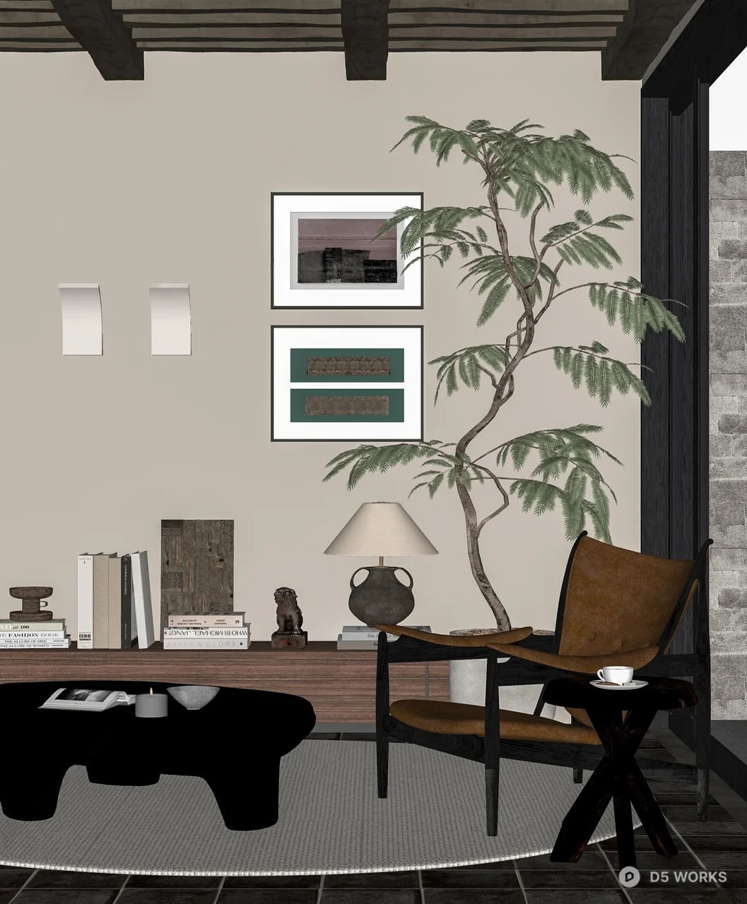 Minimalist Living Room with Wooden Chair and Potted Tree 3d model thumbnail 2