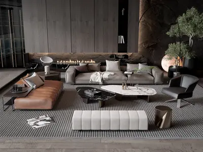 Minimalist Modern Living Room With Textured Rug And Modular Seating 3d model