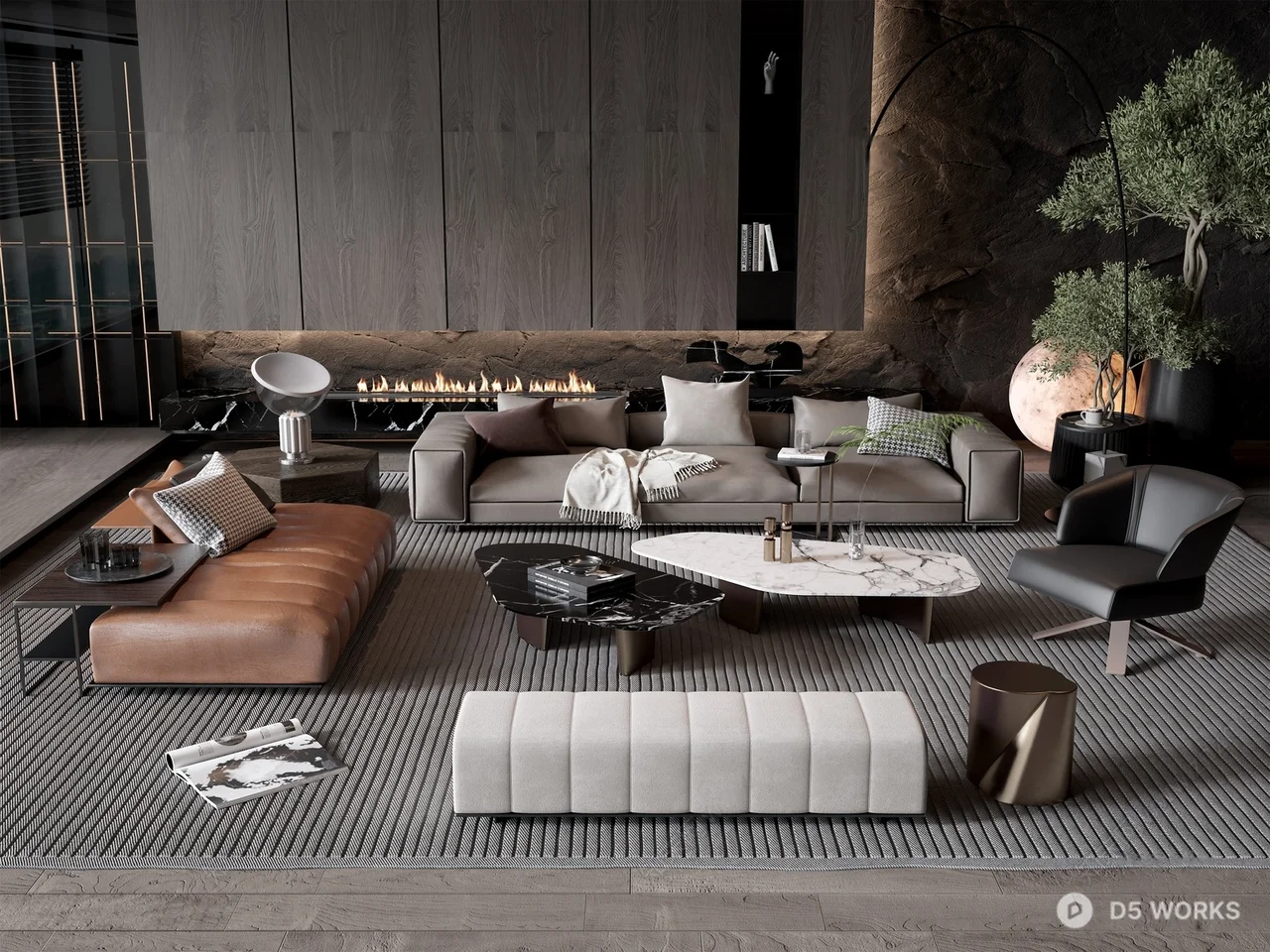 Minimalist Modern Living Room With Textured Rug And Modular Seating 3d model - Image 1