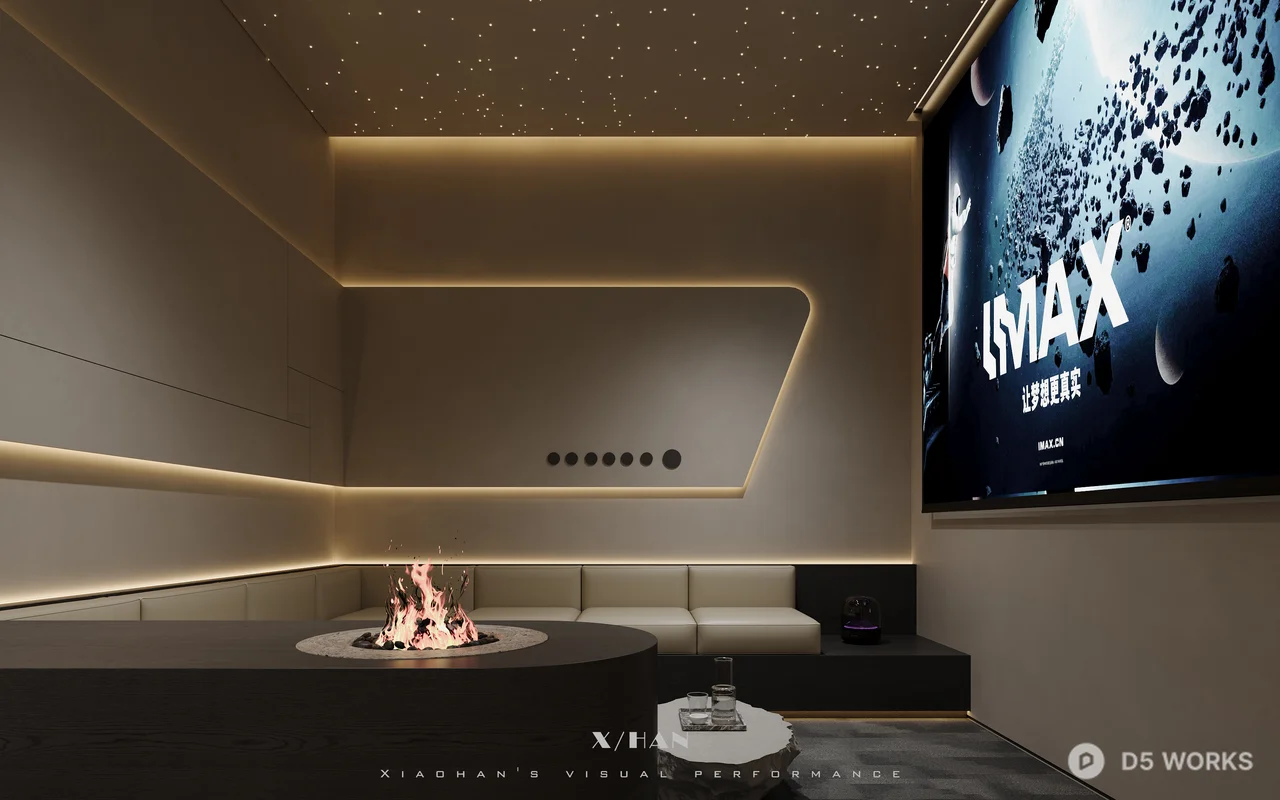 Modern Home Theater With Starry Ceiling And Fireplace 3d model - Image 1