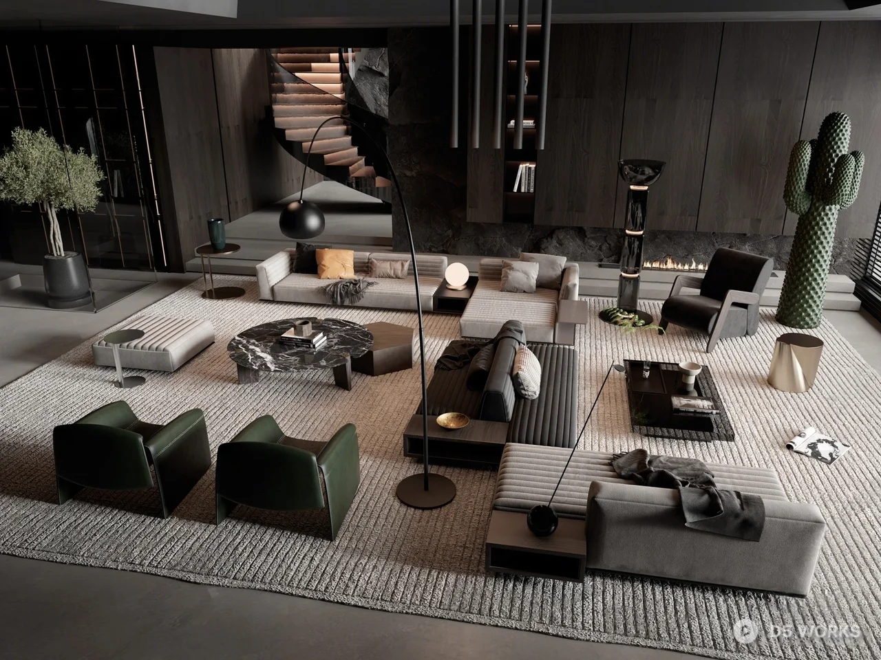 Modern Minimalist Villa Living Room with Spiral Staircase 3d model - Image 1