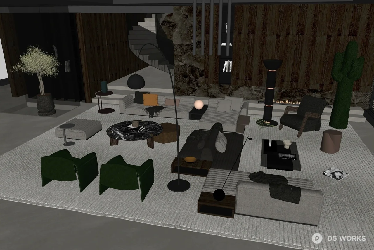 Modern Minimalist Villa Living Room with Spiral Staircase 3d model thumbnail 2