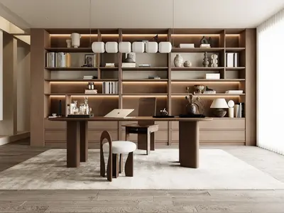 Minimalist Wooden Study Room With Integrated Bookshelf 3d model
