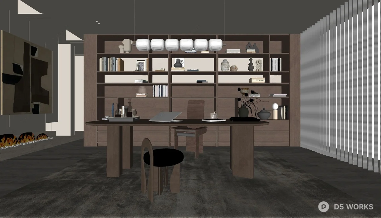 Minimalist Wooden Study Room With Integrated Bookshelf 3d model thumbnail 2