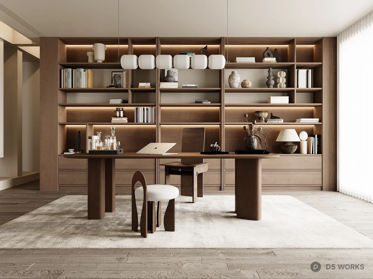 Minimalist Wooden Study Room With Integrated Bookshelf 3d model - Image 1