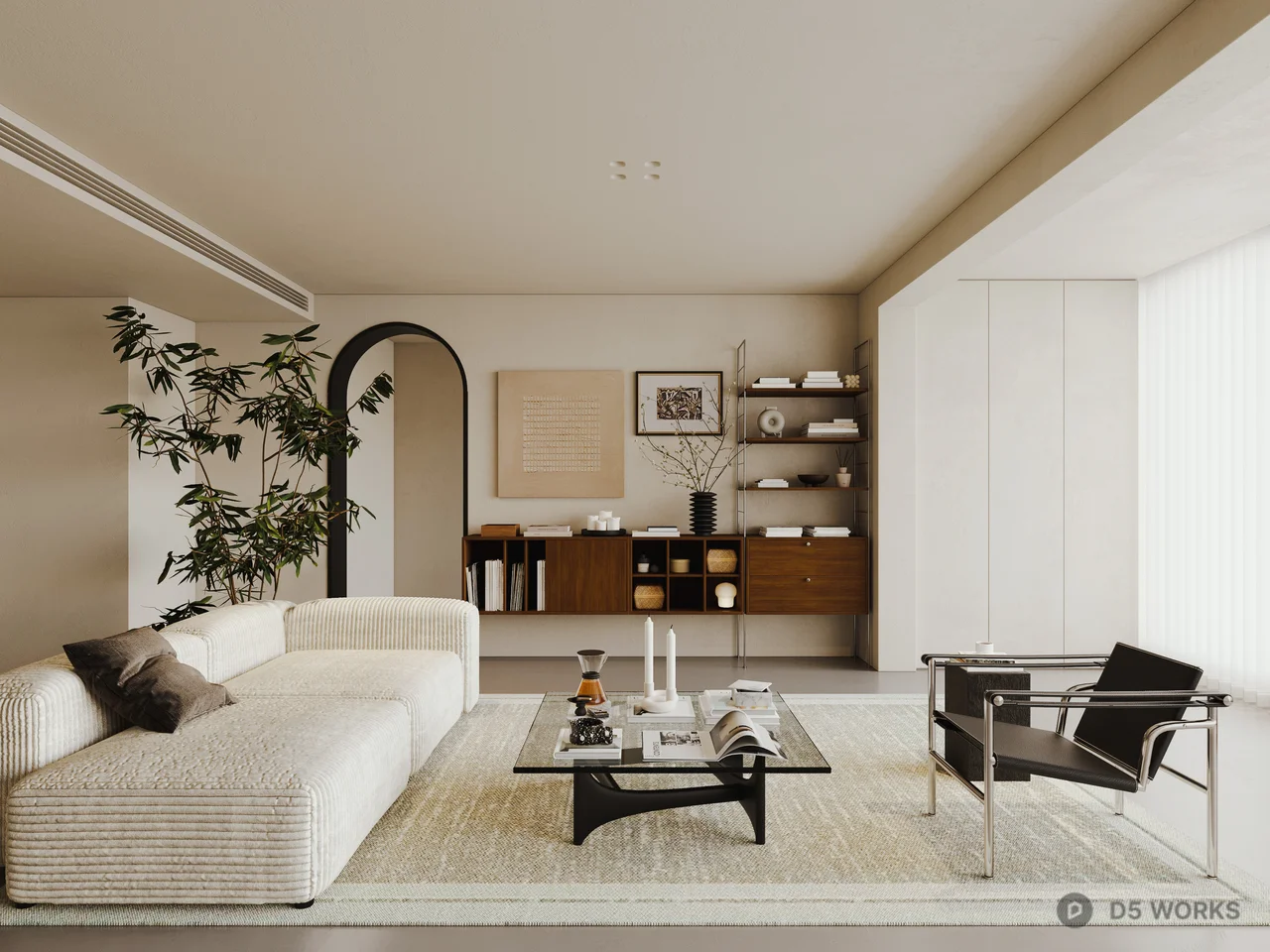 Minimalist Living Room with Textured Sofa and Arch Mirror 3d model - Image 1