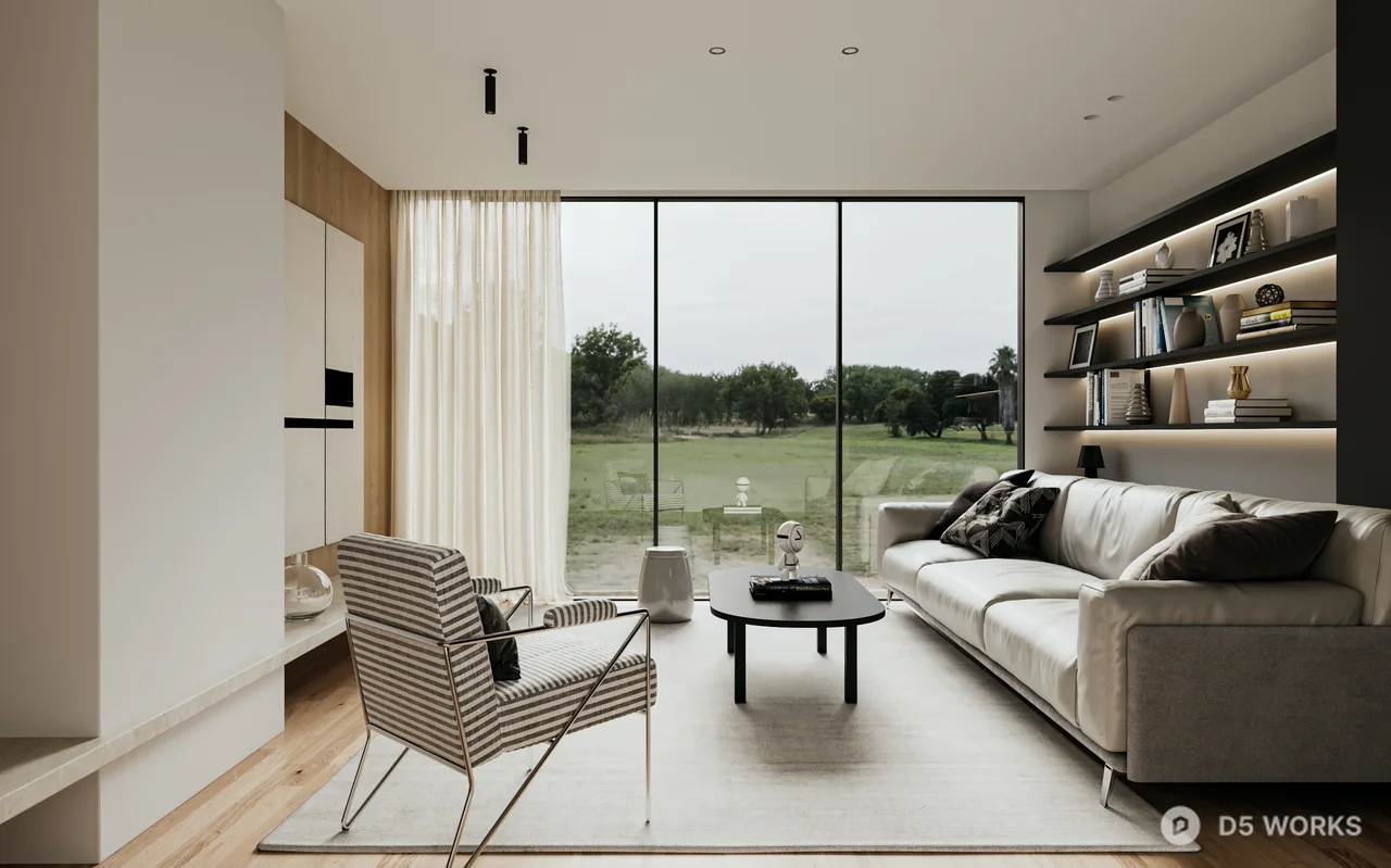 Minimalist Living Room with Floor-to-Ceiling Windows 3d model - Image 1