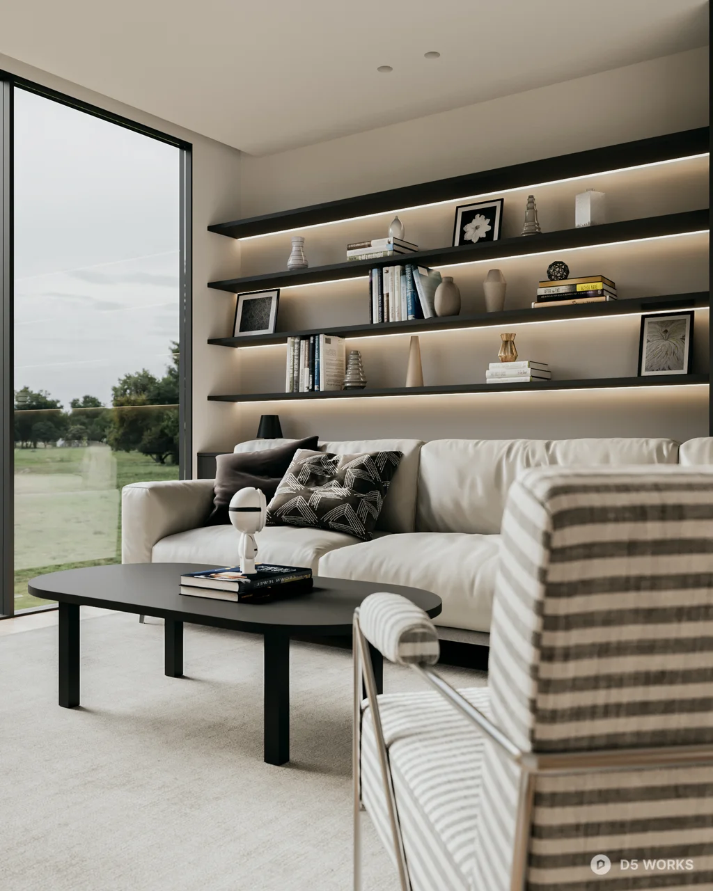 Minimalist Living Room with Floor-to-Ceiling Windows 3d model thumbnail 3