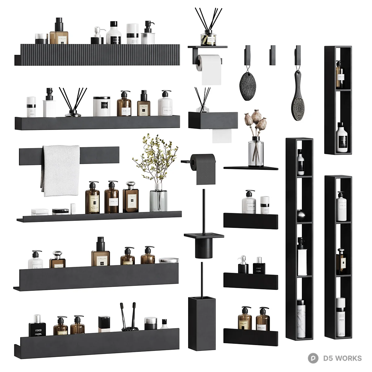 Minimalist Black Bathroom Shelf Set 3d model - Image 1