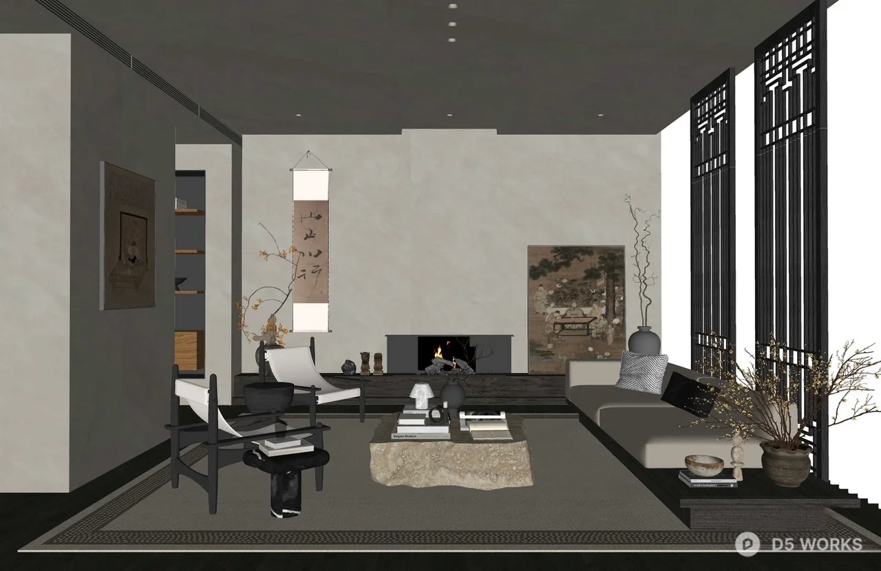 Minimalist Living Room With Fireplace And Zen Decor 3d model thumbnail 2