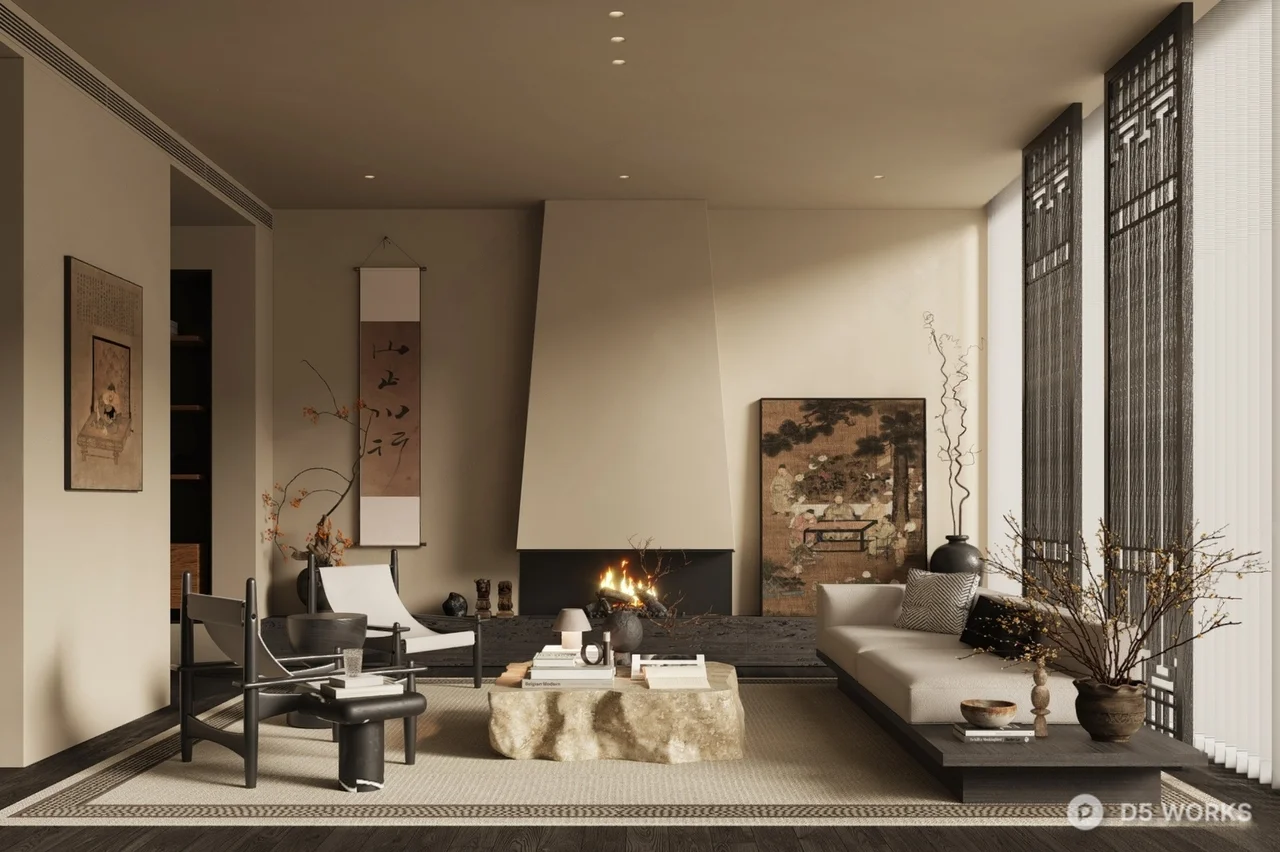 Minimalist Living Room With Fireplace And Zen Decor 3d model - Image 1