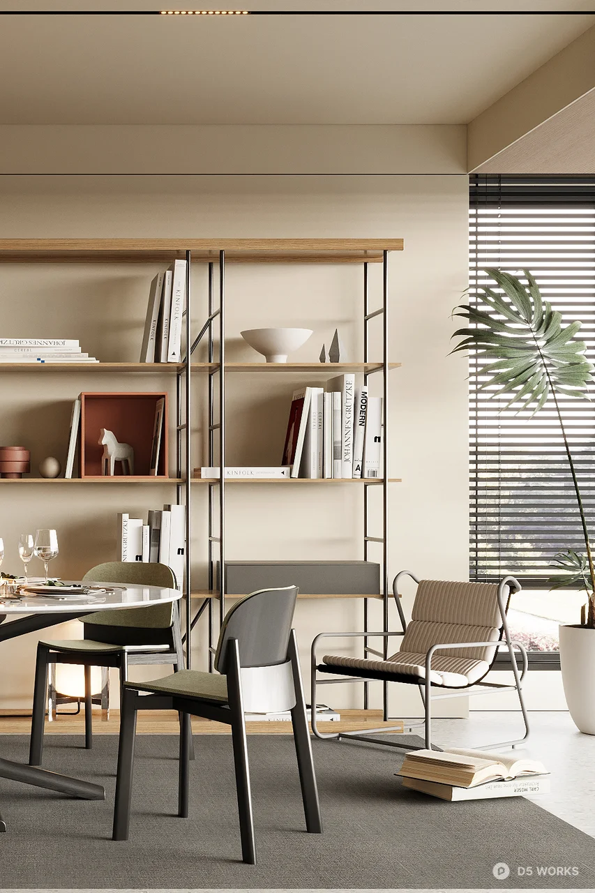 Modern Minimalist Dining Room with Open Shelving 3d model thumbnail 3