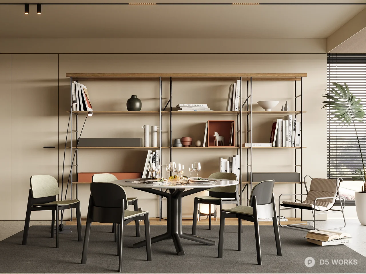 Modern Minimalist Dining Room with Open Shelving 3d model - Image 1