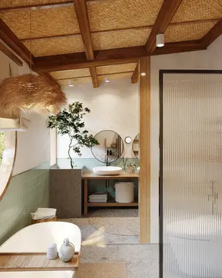 Rustic Woven Ceiling Bathroom With Freestanding Tub 3d model