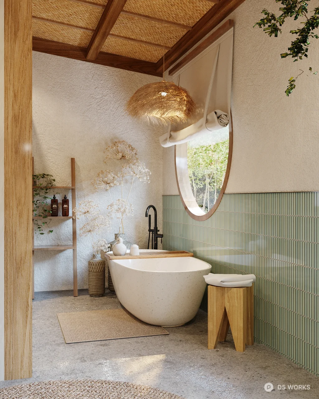 Rustic Woven Ceiling Bathroom With Freestanding Tub 3d model thumbnail 2