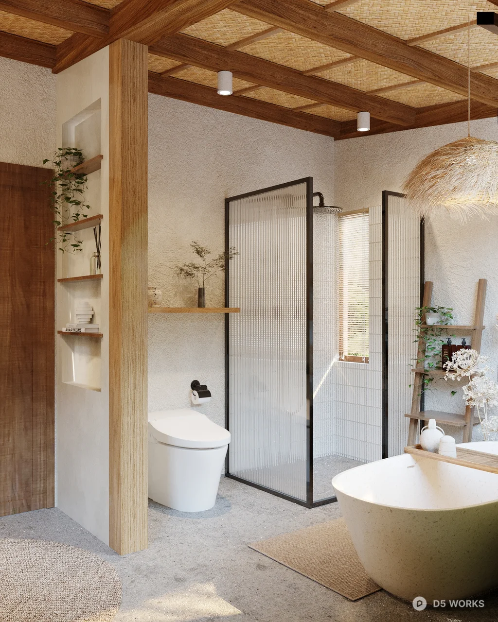 Rustic Woven Ceiling Bathroom With Freestanding Tub 3d model thumbnail 3
