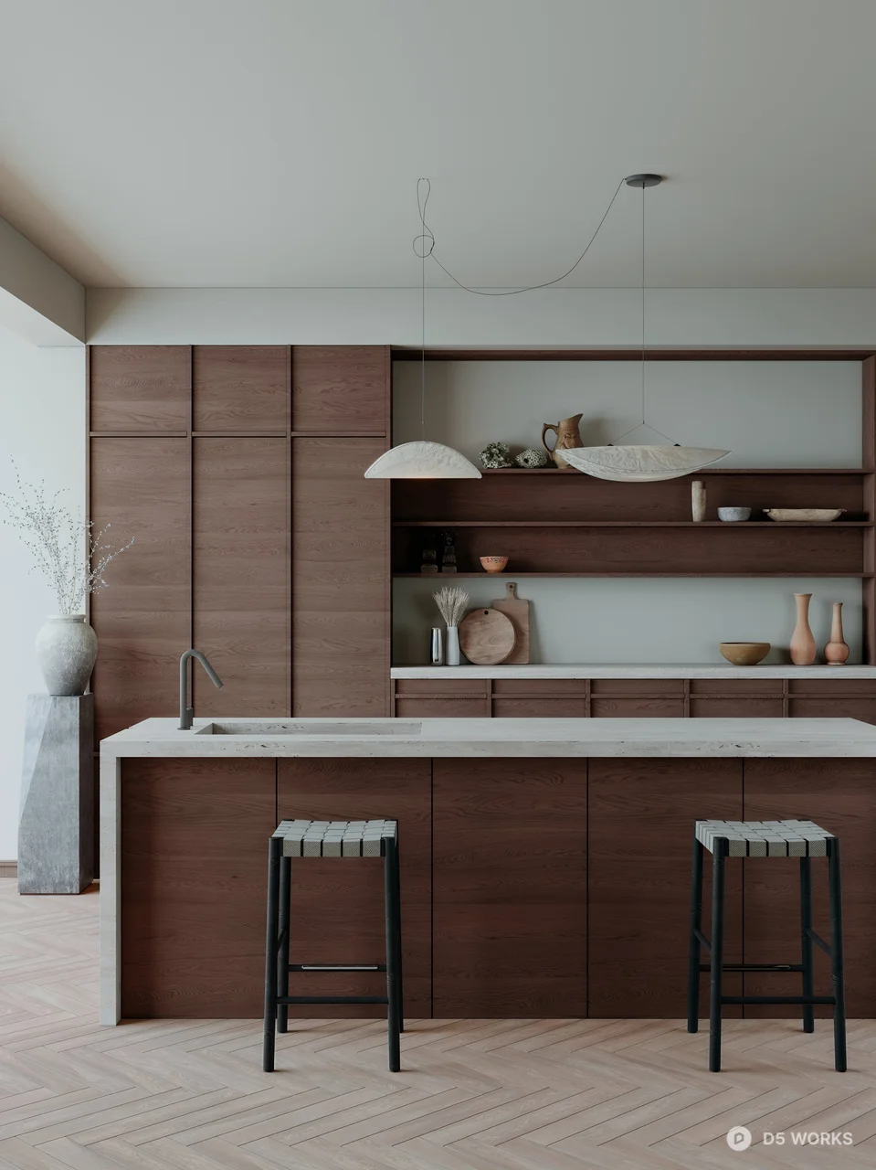 Modern Open Kitchen with Warm Wood Tones 3d model - Image 1
