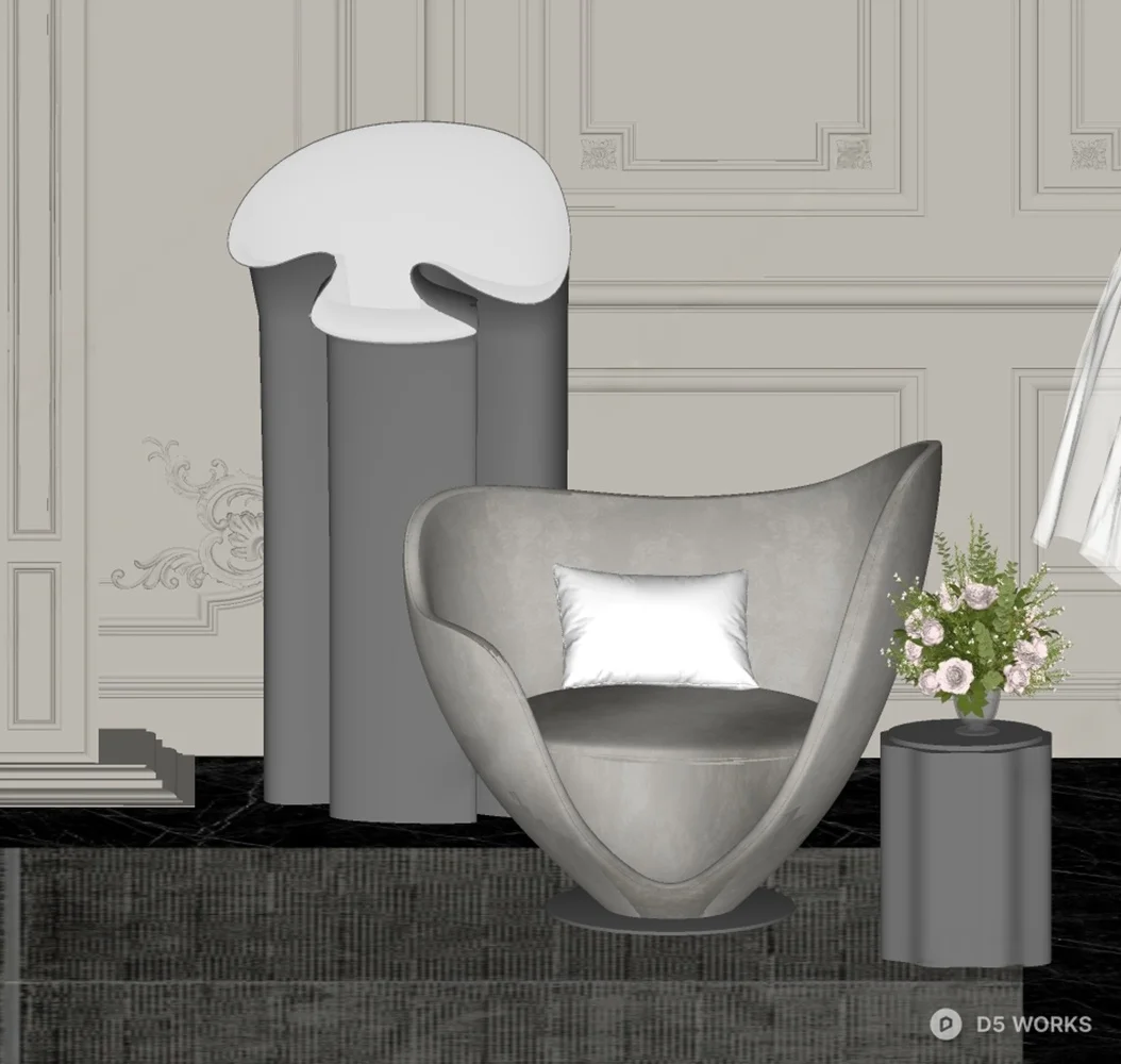 Sculptural Velvet Lounge Chair With Fur Cushion 3d model thumbnail 2