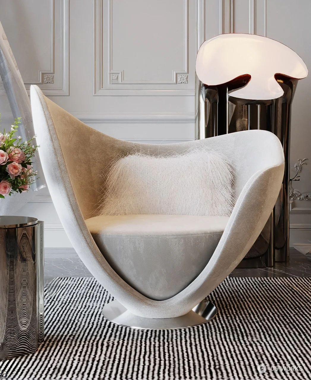 Sculptural Velvet Lounge Chair With Fur Cushion 3d model - Image 1