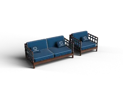 Wooden Frame Blue Upholstered Double Sofa 3d model