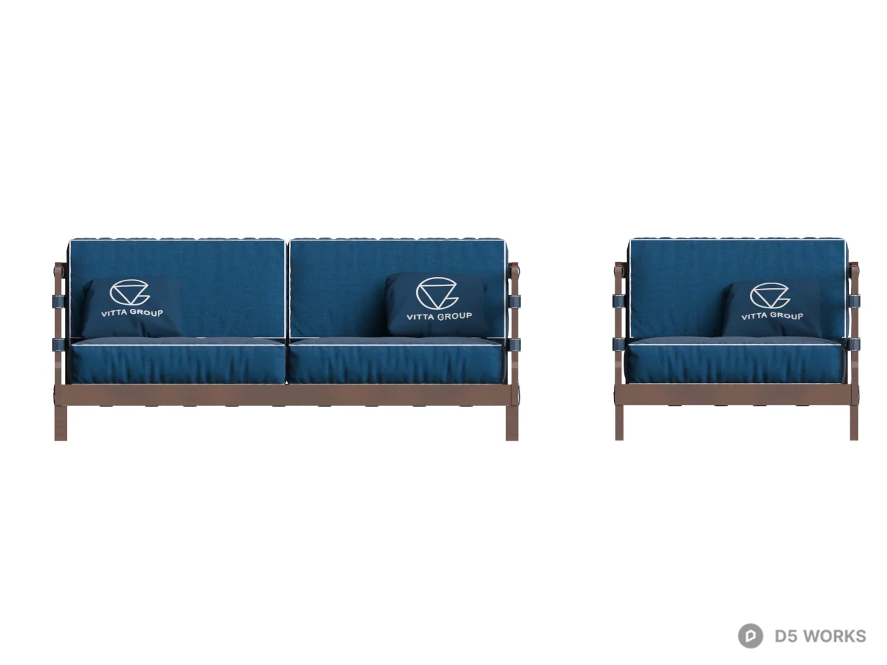 Wooden Frame Blue Upholstered Double Sofa 3d model thumbnail 2