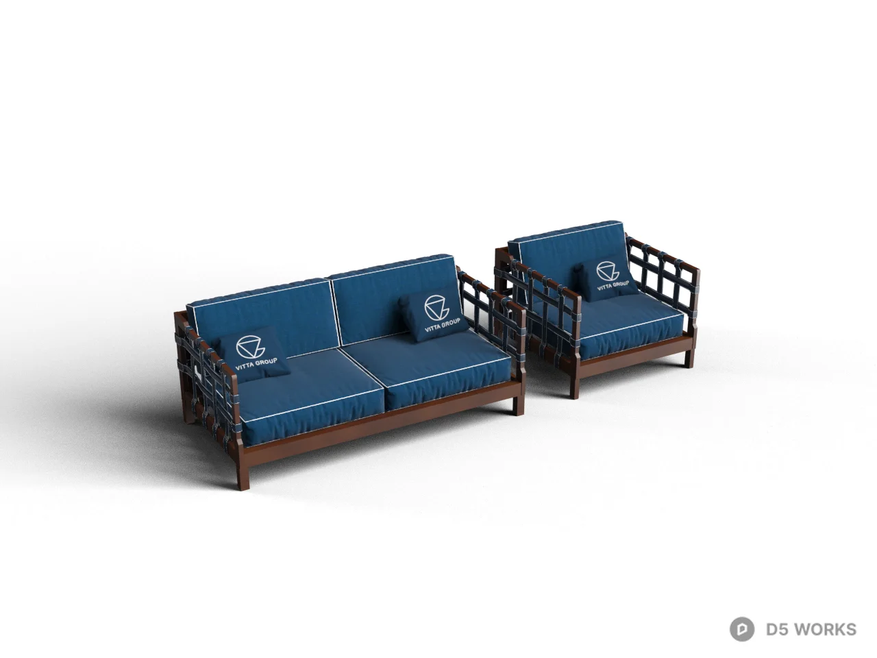 Wooden Frame Blue Upholstered Double Sofa 3d model - Image 1