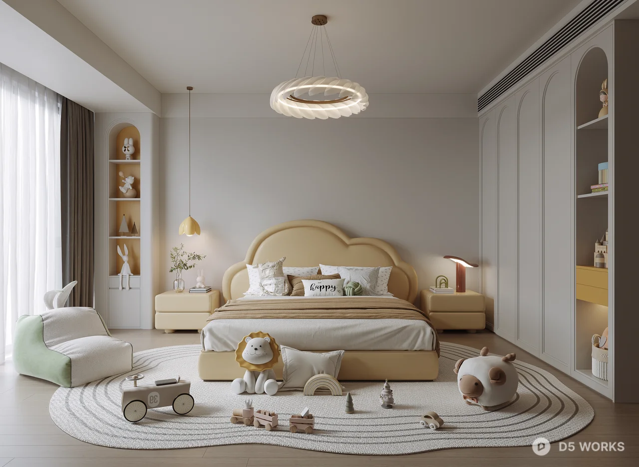 Pastel Girl Bedroom With Cloud Bed And Play Rug 3d model - Image 1