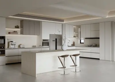 Minimalist Open Kitchen With Island And Bar Stools 3d model