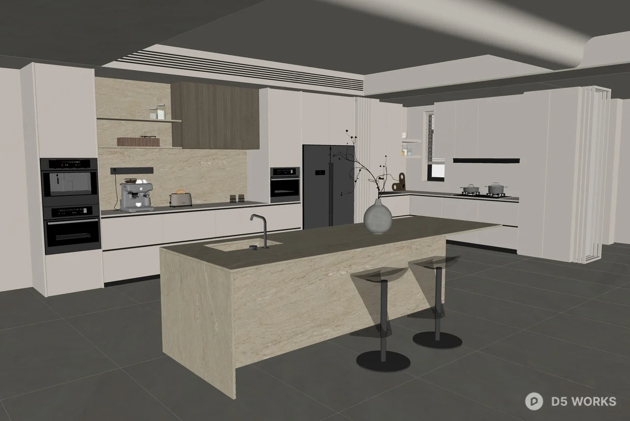 Minimalist Open Kitchen With Island And Bar Stools 3d model thumbnail 2