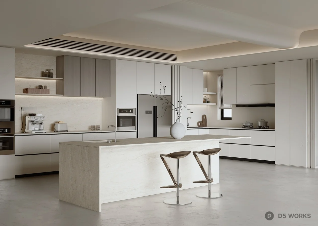 Minimalist Open Kitchen With Island And Bar Stools 3d model - Image 1