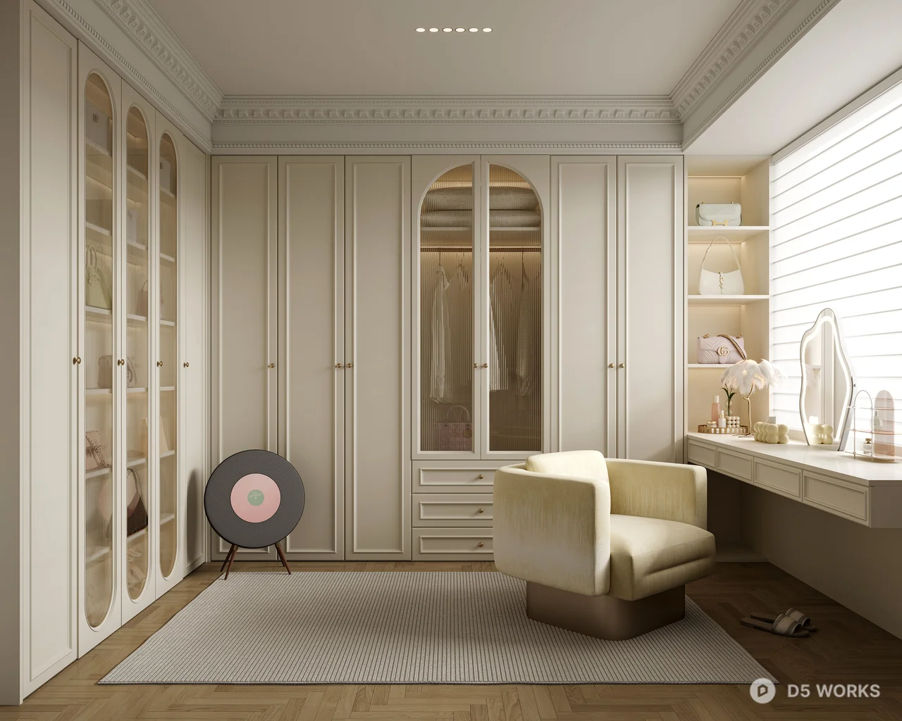 Classic Beige Walk In Closet With Arched Glass Cabinet 3d model - Image 1