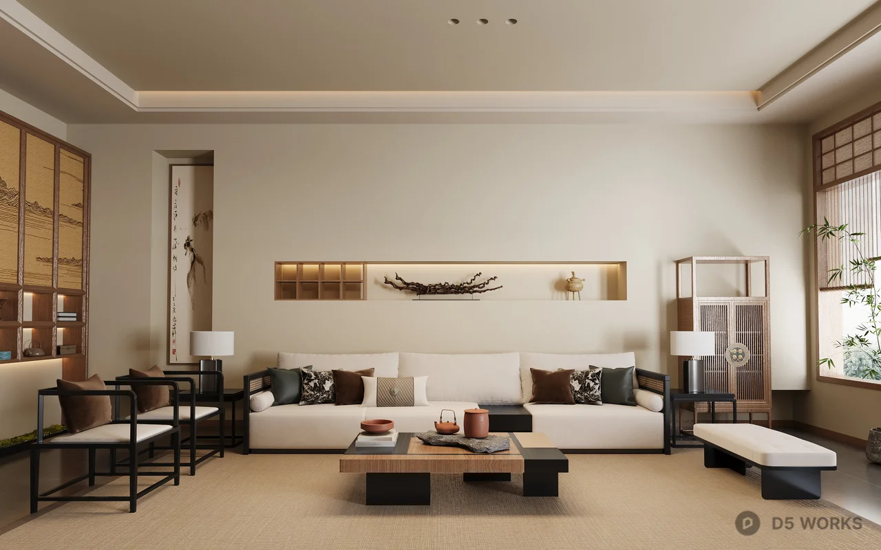 Minimalist Living Room with Neutral Tones 3d model - Image 1